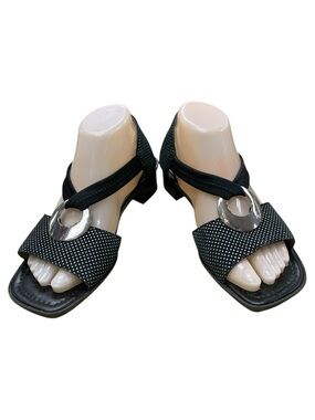 Rieker Black Polka Dot Low Heel Sandals with Silver Ring S9.5
